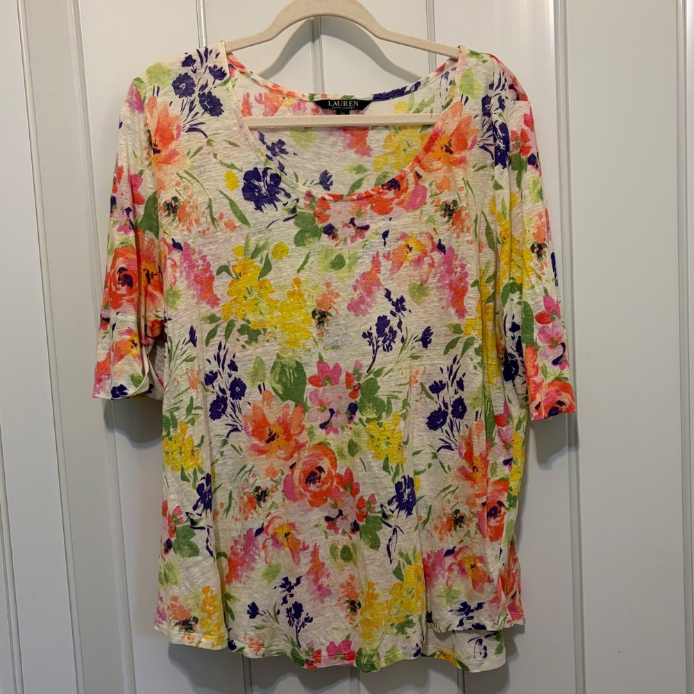 Lauren Ralph Lauren Women Short Sleeve Floral Linen Knit Top with Scoop Neck